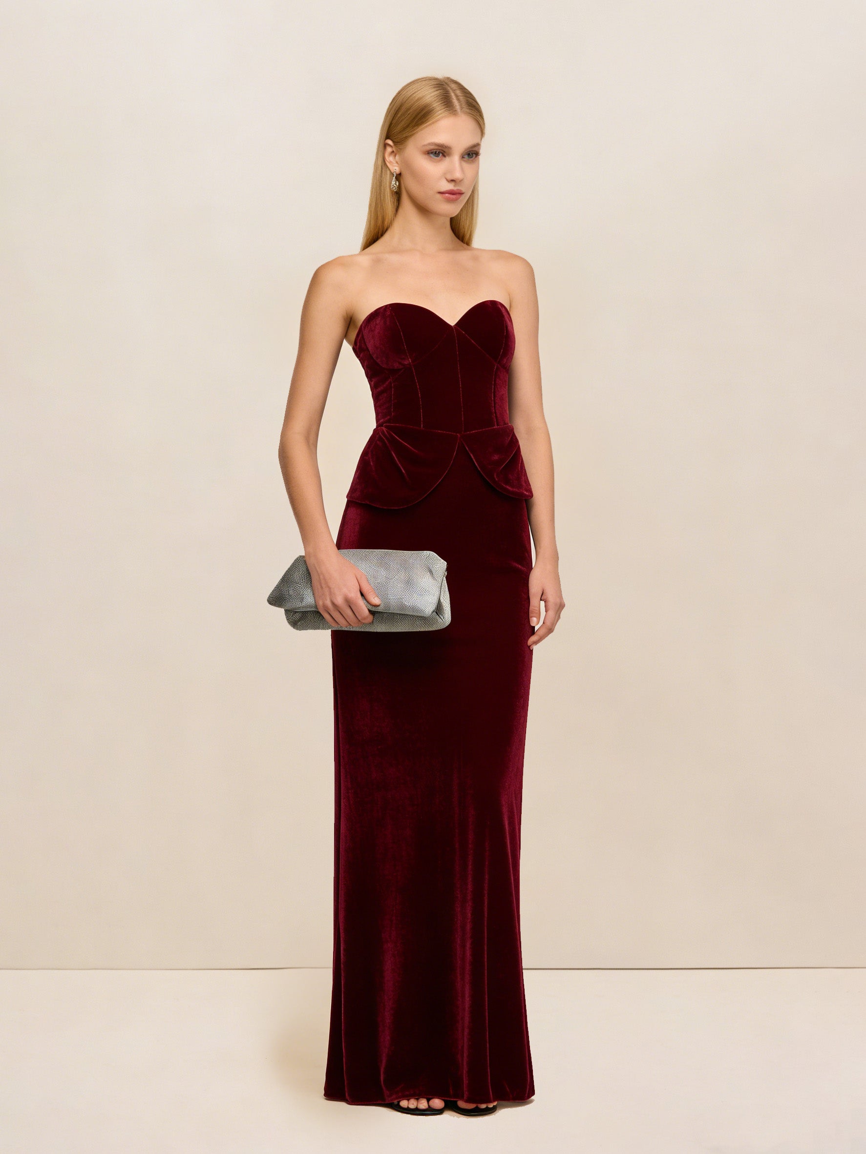 Burgundy Velvet Peplum Gown